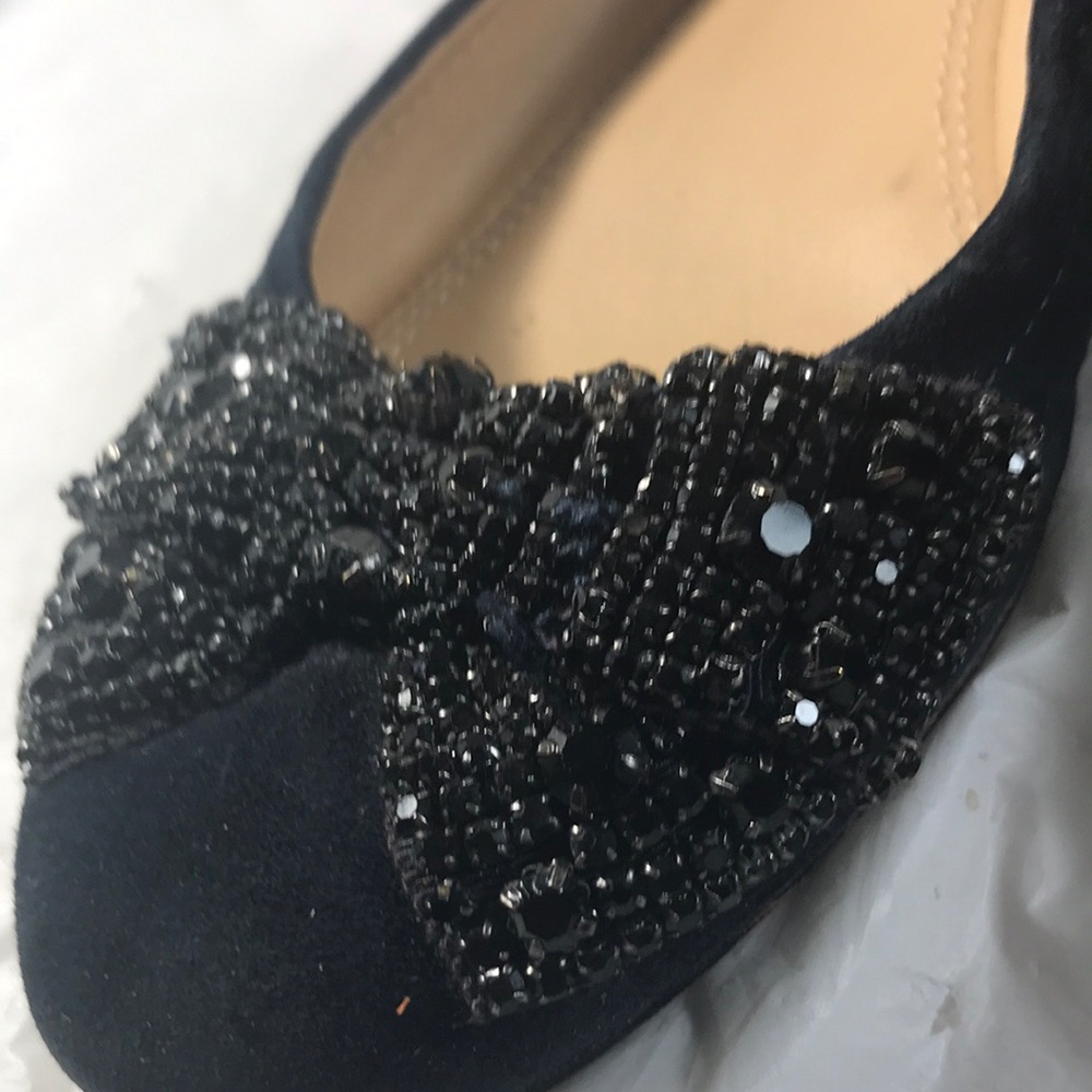 Tory Burch Women's Black Suede With Black Crystal Bows Slip On Ballet Flats - Picture 3 of 9